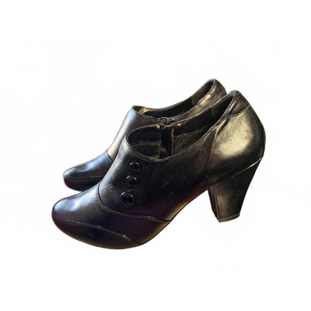 CLARK NICOLE BLACK LEATHER ANKLE BOOTIES SIZ 10W WITH ZIPPER AND 3in HEEL